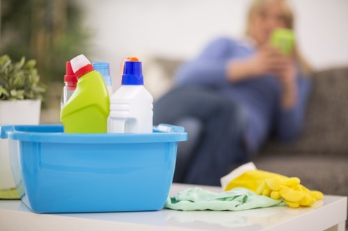 Cleaning tools and protective gear arranged for a carpet cleaning appointment