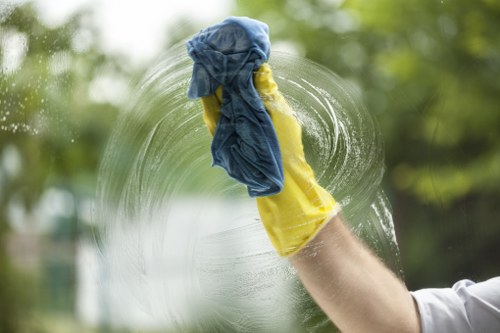 Cleaner wearing PPE during carpet cleaning work