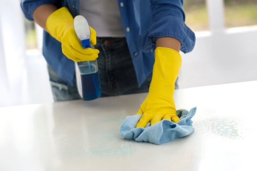 A cleaner organizing kitchen surfaces in a Hammersmith home